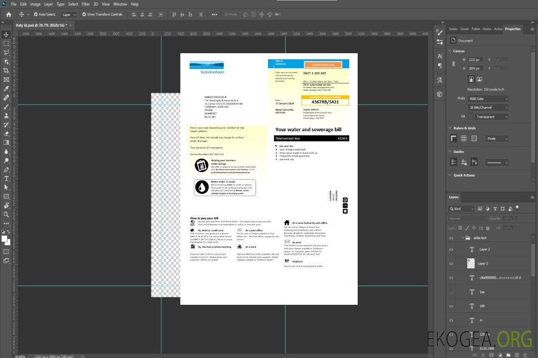 Modèle de facture de services publics de l'eau du Yorkshire du Royaume-Uni aux formats Word et PDF template